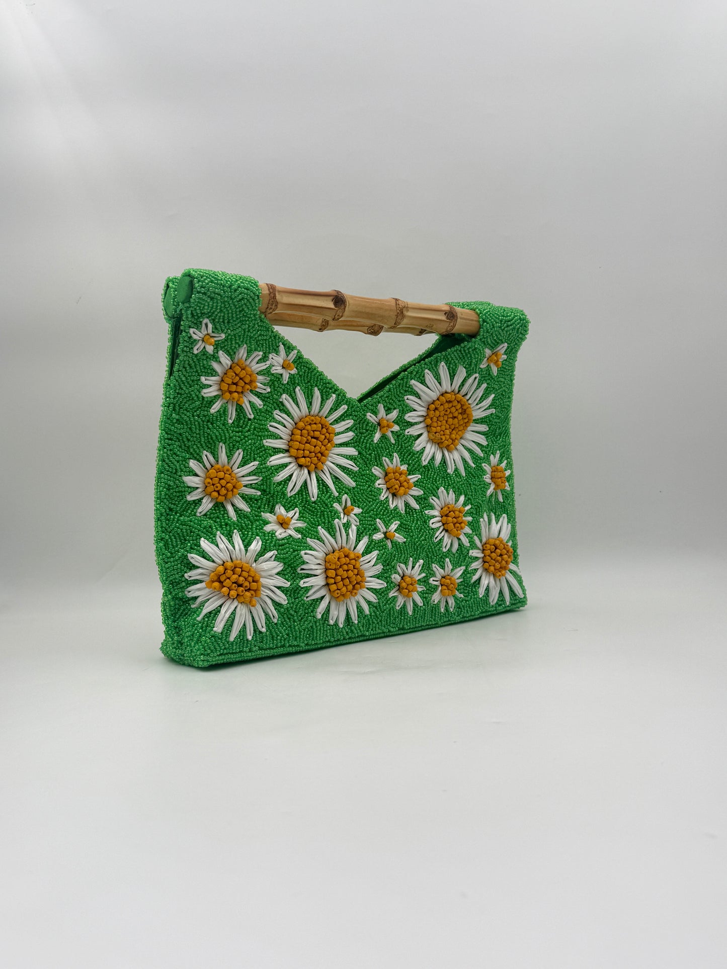 Hand Beaded Green Daisy Purse Handbag with Bamboo Handle