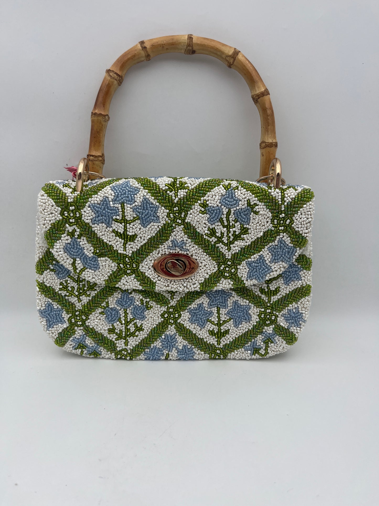 Hand Beaded Blue Floral Purse Handbag with Bamboo Handle
