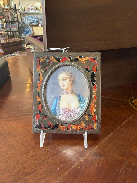 Antique Late Victorian Miniature In Metal And Tortoiseshell Frame