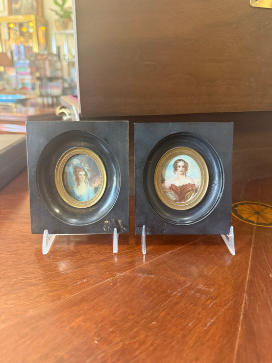 Pair Of Antique Victorian Miniatures In Ebony And Brass Frames