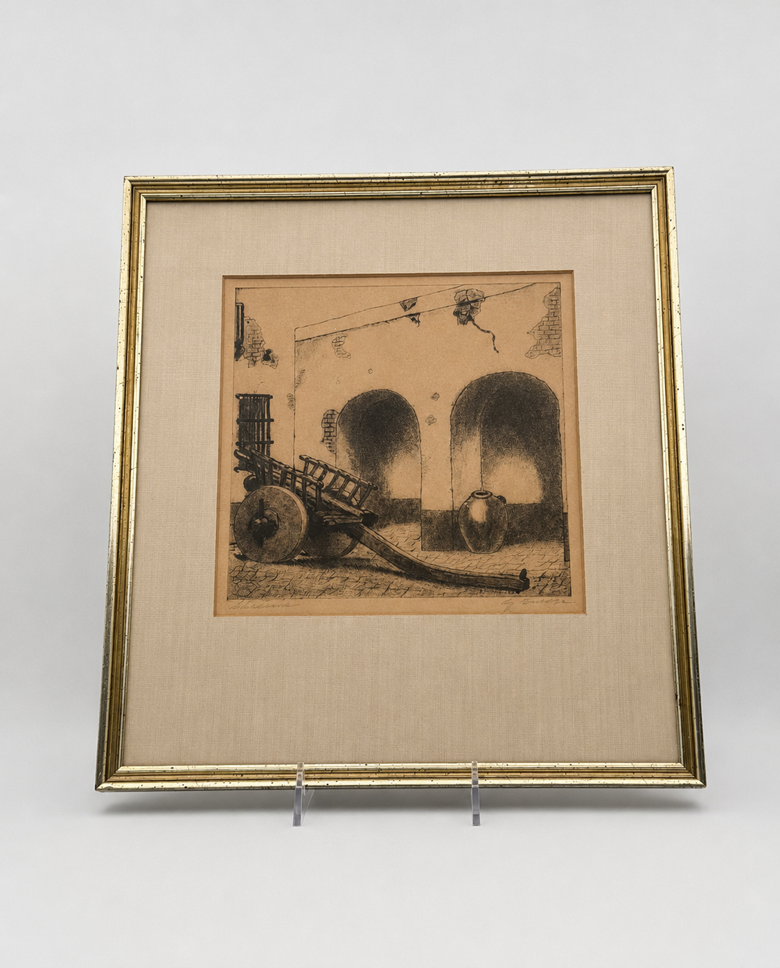 "Shadows" Signed And Framed Etching Of A Cart