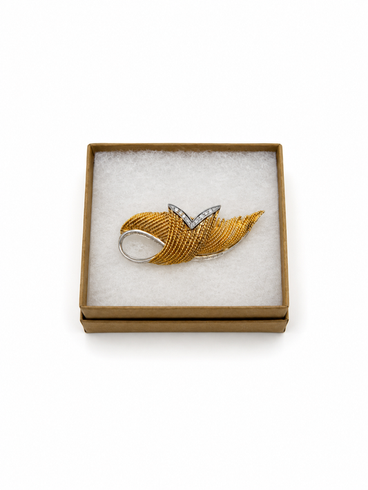 Vintage Gold Tone Feather Brooch With Rhinestones