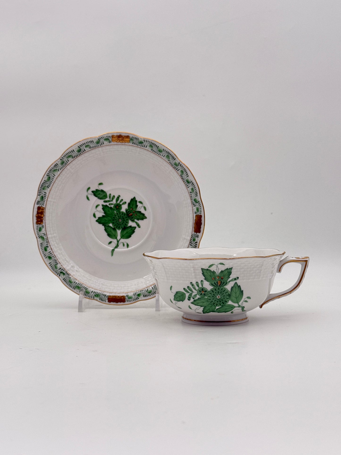 Herend Apponyi Green Chinese Bouquet Teacup And Saucer- Set of 2