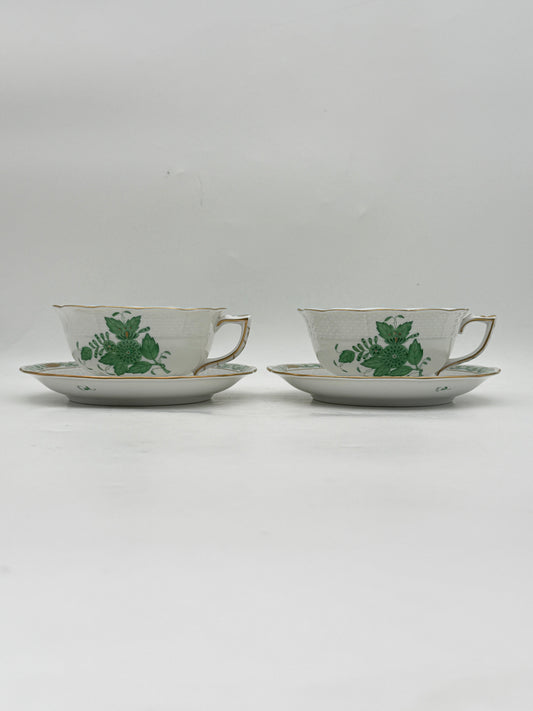 Herend Apponyi Green Chinese Bouquet Teacup And Saucer- Set of 2