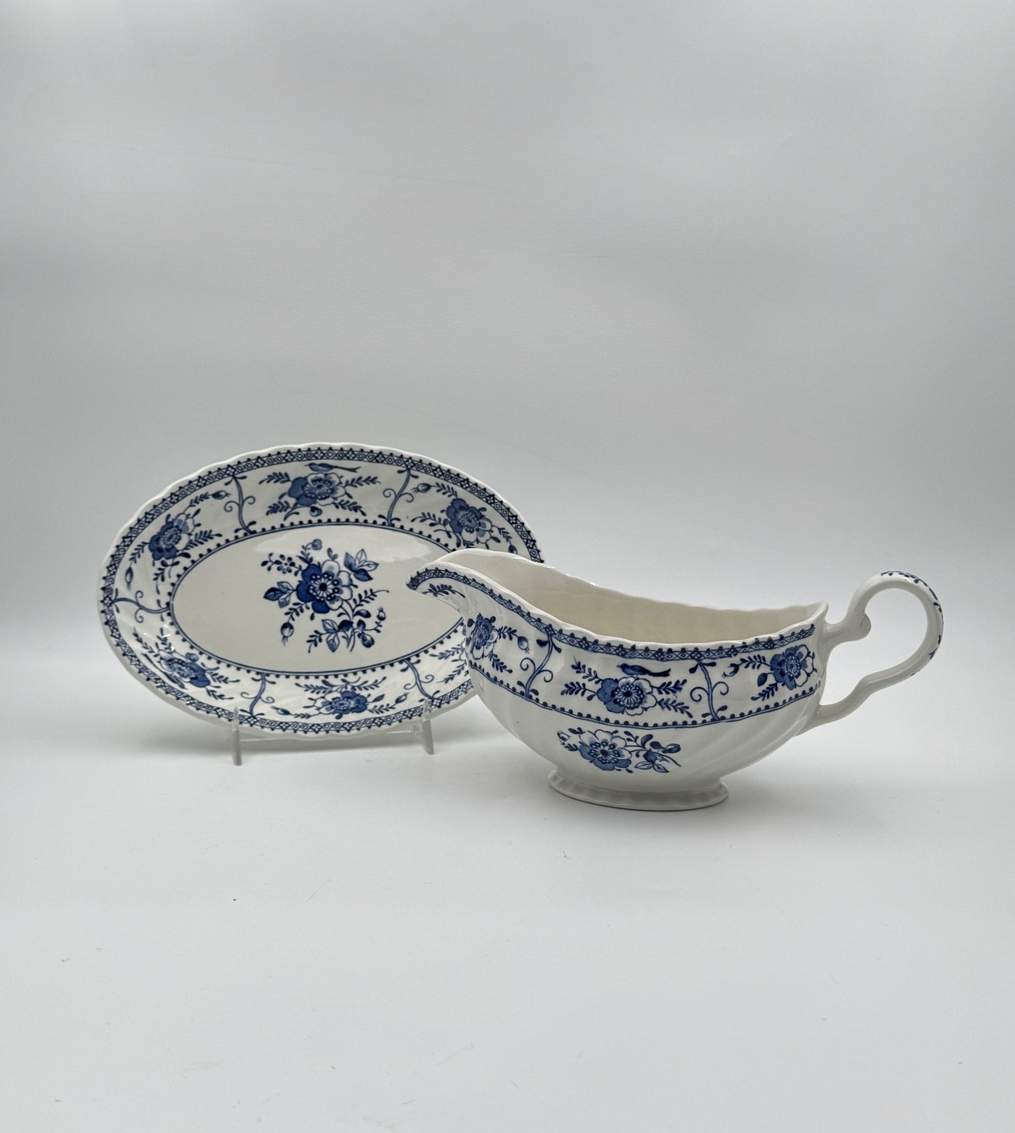 Johnson Bros. “Indies” Gravy Boat with Underplate – Blue Floral Ironstone – England