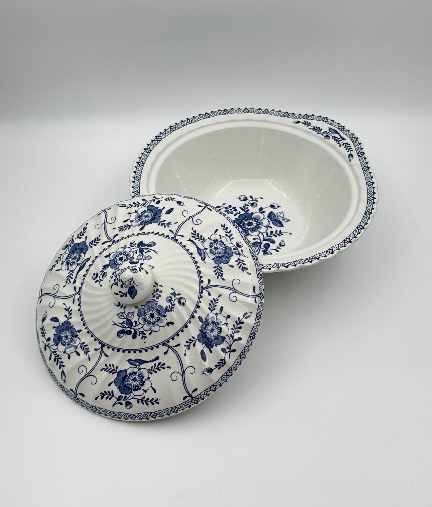 Johnson Bros. “Indies” Covered Serving Bowl – Blue Floral Ironstone