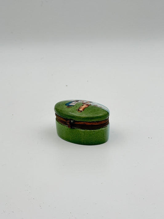 Vintage Green Enamel Trinket Box with Hand-Painted Dutch Scene