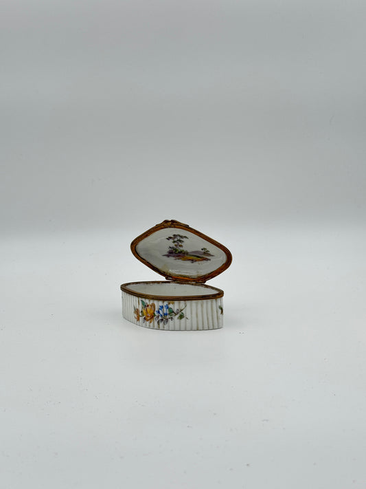 Vintage Porcelain Trinket Box with Hand-Painted Floral and Bird Design