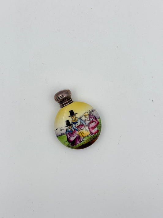 Vintage Miniature Hand-Painted Perfume Flask with Silver Cap