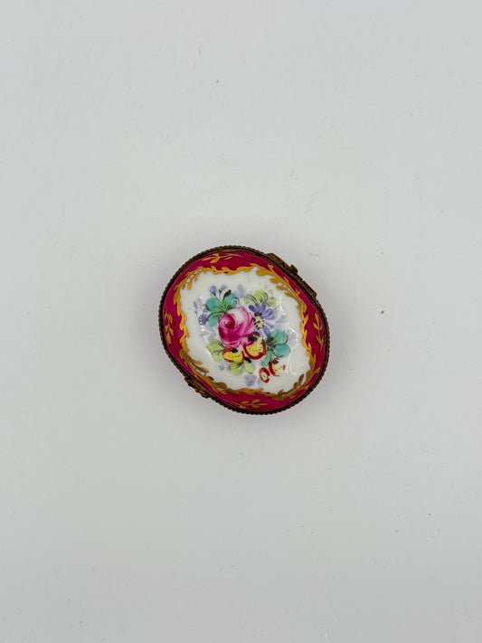 Hand-Painted Limoges Porcelain Trinket Box - Floral Oval Design