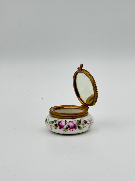 Antique Porcelain Trinket Box with Hand-Painted Floral Design and Interior Mirror