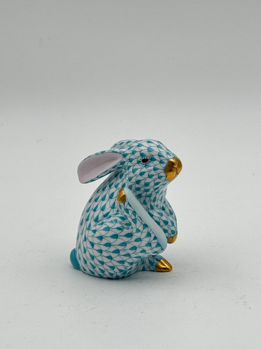 Herend Porcelain Scratching Bunny Figurine in Blue Fishnet Pattern