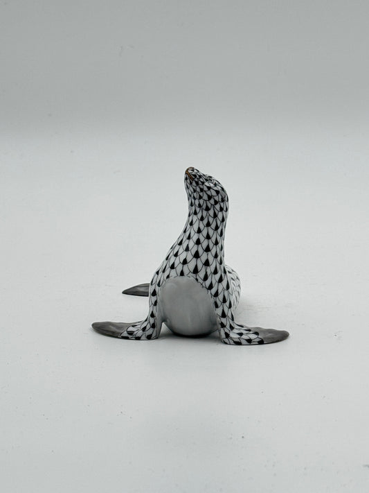 Herend Porcelain Seal Figurine in Black Fishnet Pattern