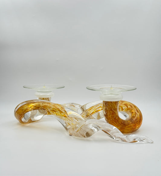 Pair of Art Glass Candle Holders by John Paul Robinson – Twisted Amber & Clear Design
