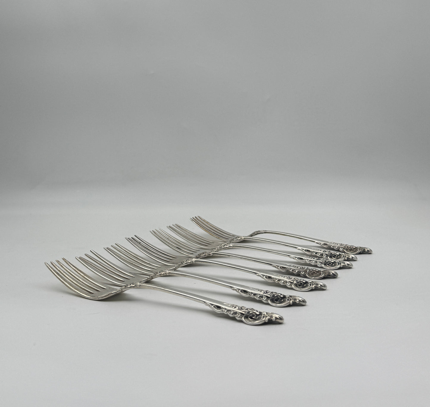 Set of 7 Wallace Sterling Silver Salad Forks “Grande Baroque” Pattern 