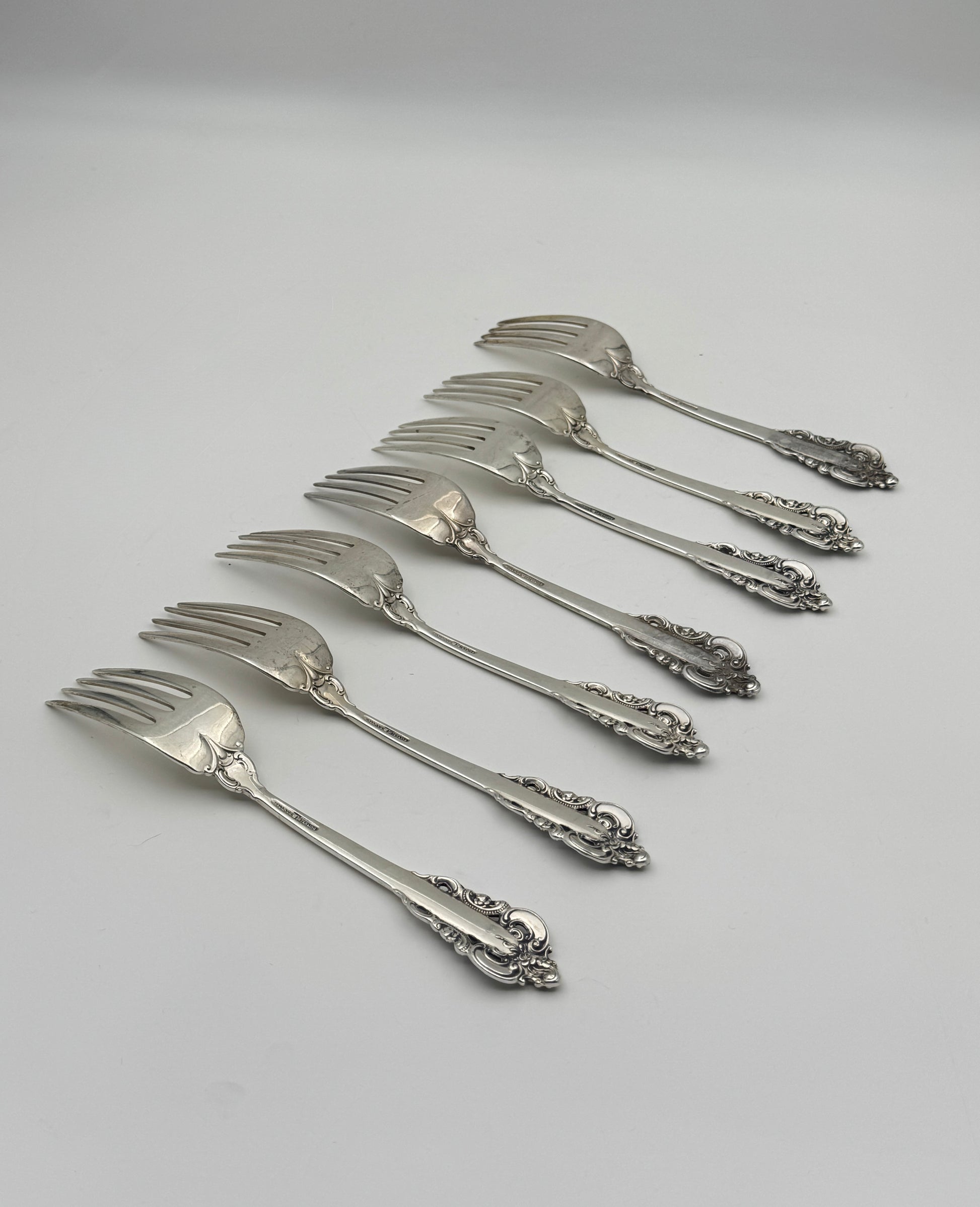 Set of 7 Wallace Sterling Silver Salad Forks “Grande Baroque” Pattern 