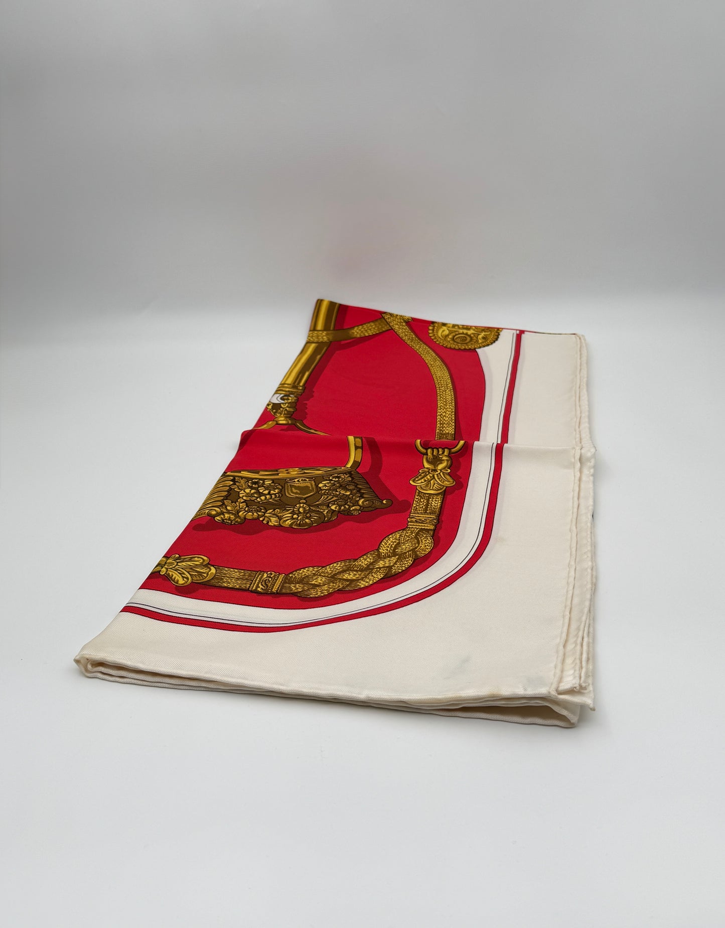 Hermès Silk Scarf “Gaucho” by Caty Latham – Red, Cream & Gold Motif