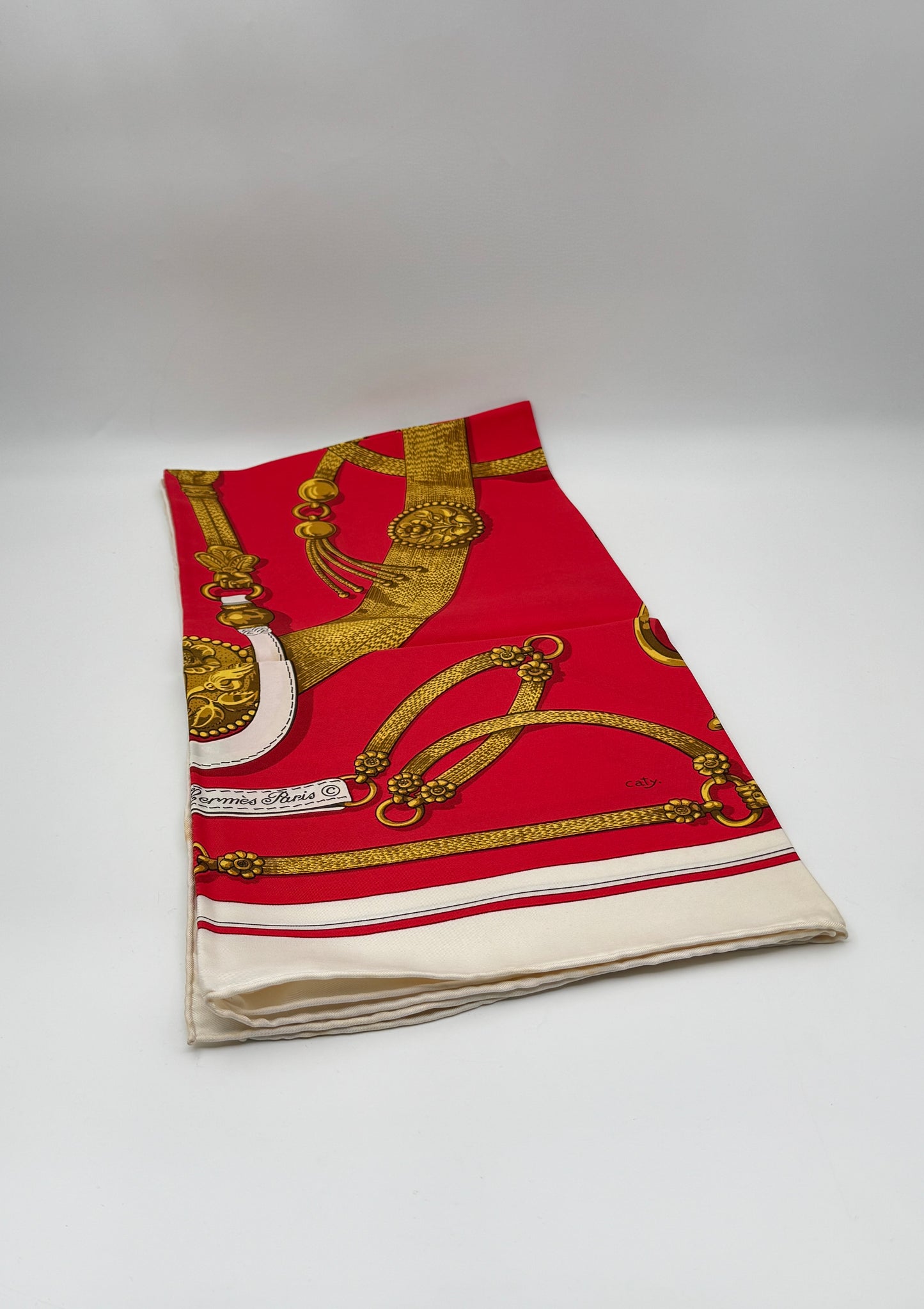 Hermès Silk Scarf “Gaucho” by Caty Latham – Red, Cream & Gold Motif