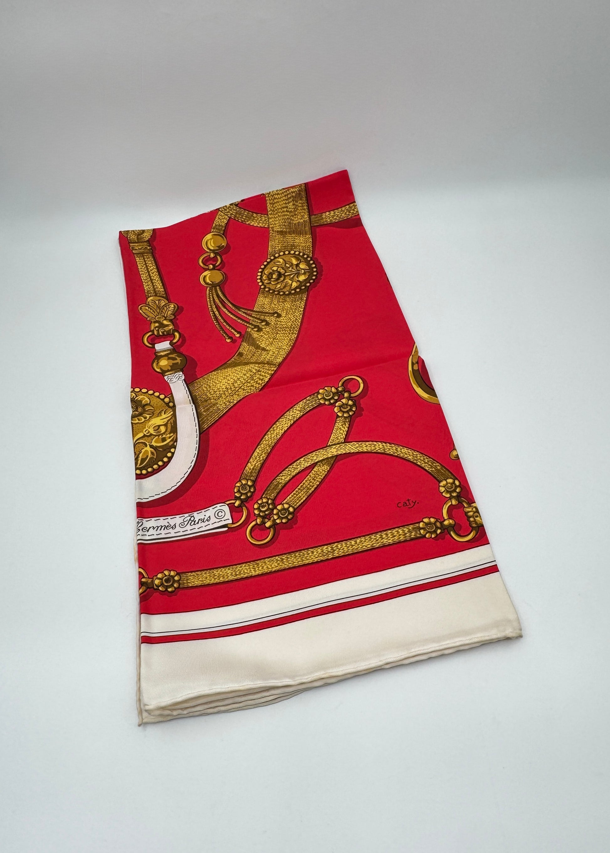 Hermès Silk Scarf “Gaucho” by Caty Latham – Red, Cream & Gold Motif