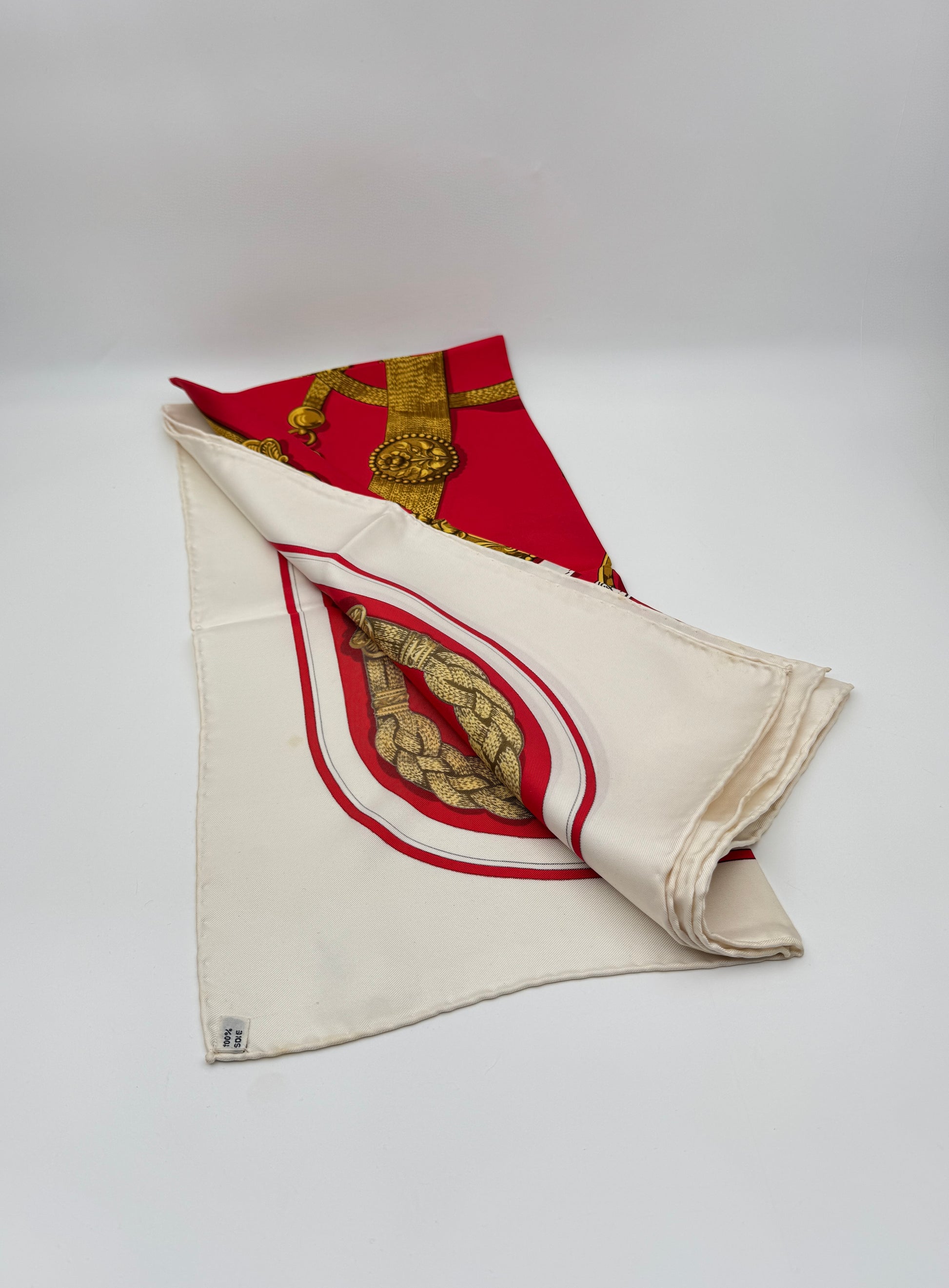 Hermès Silk Scarf “Gaucho” by Caty Latham – Red, Cream & Gold Motif