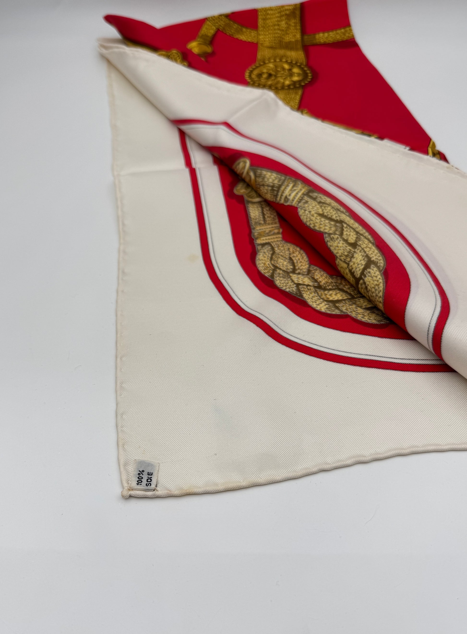 Hermès Silk Scarf “Gaucho” by Caty Latham – Red, Cream & Gold Motif