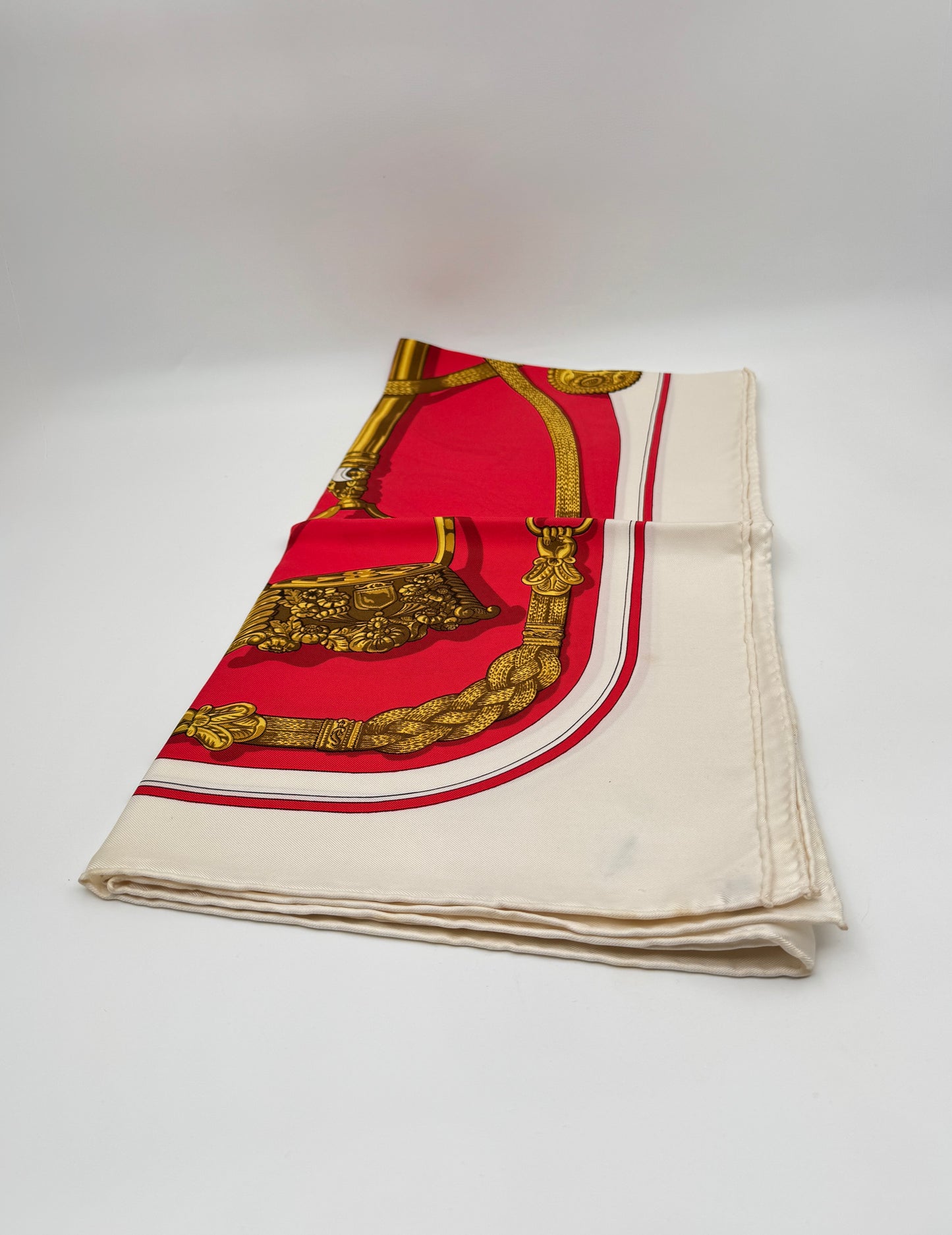 Hermès Silk Scarf “Gaucho” by Caty Latham – Red, Cream & Gold Motif