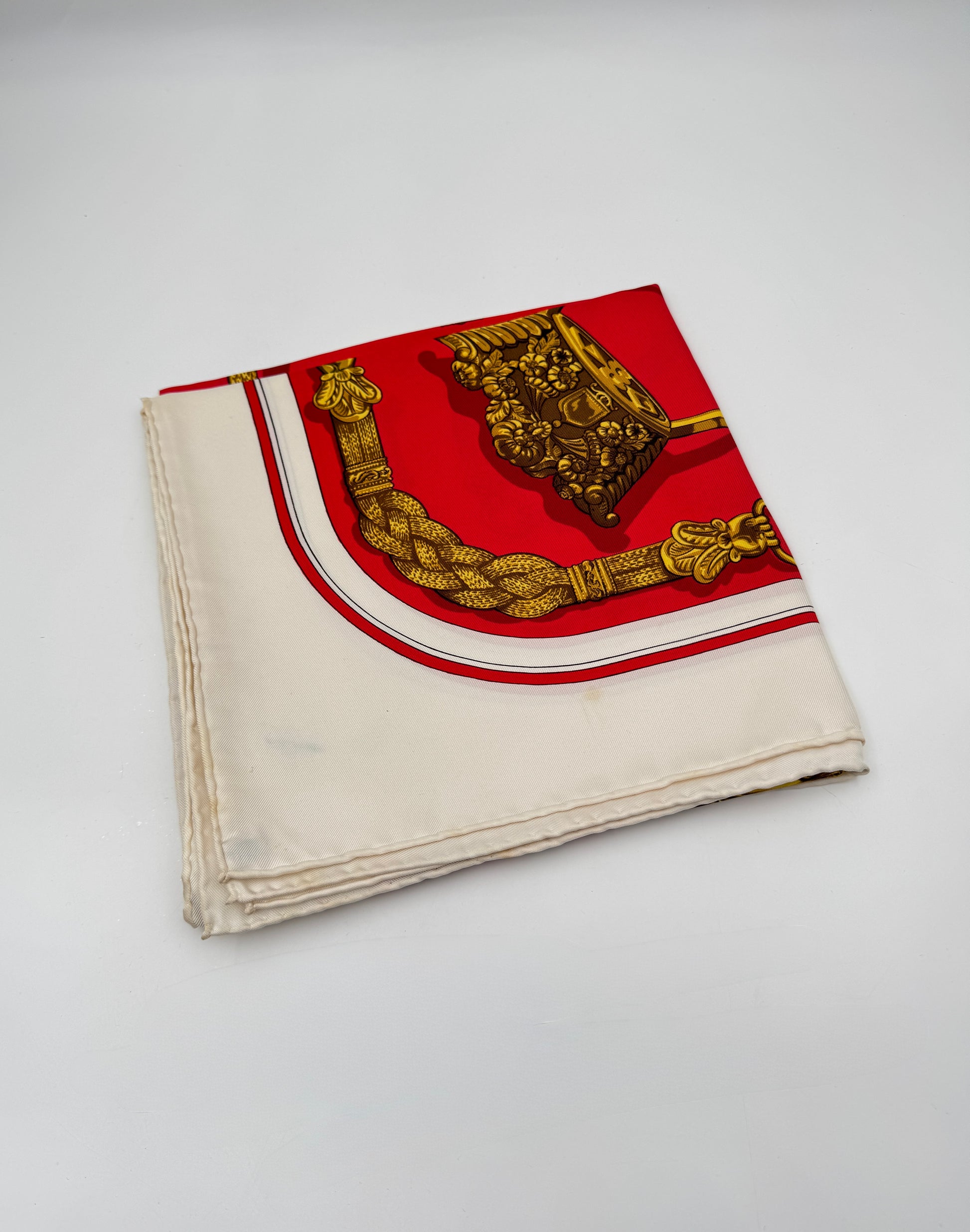 Hermès Silk Scarf “Gaucho” by Caty Latham – Red, Cream & Gold Motif