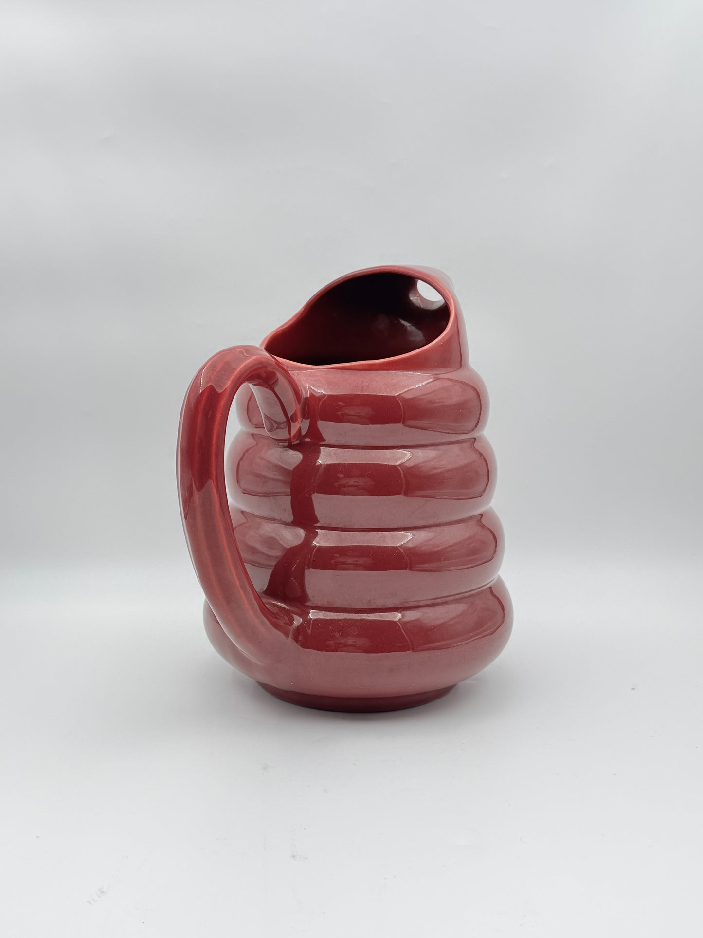 Mid-Century Padre Pottery Ribbed Pitcher – Glossy Plum Glaze – Marked “258”