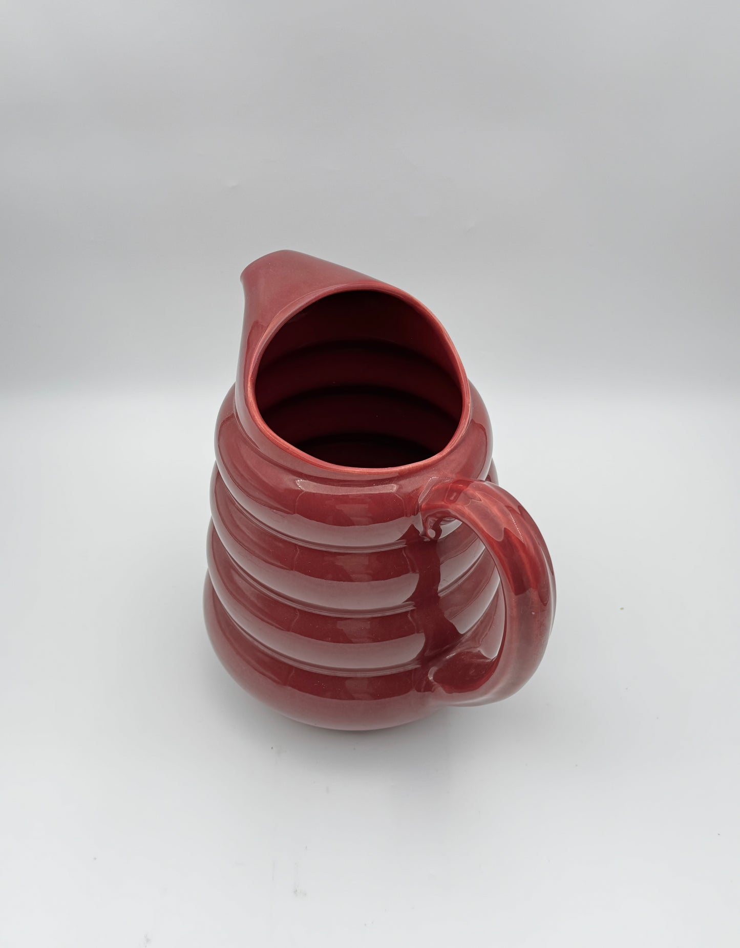Mid-Century Padre Pottery Ribbed Pitcher – Glossy Plum Glaze – Marked “258”