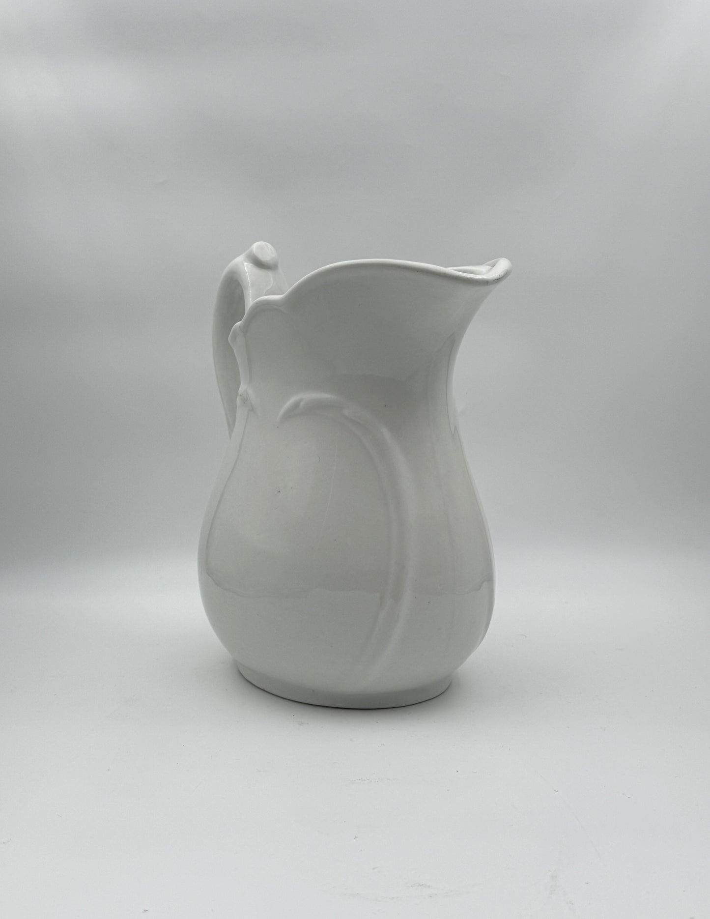 Large Antique White Ironstone Pitcher – Greenwood China – Embossed Leaf Motif
