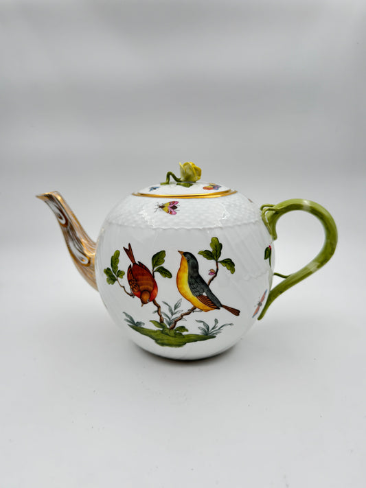 Herend Rothschild Bird Large Porcelain Teapot - Hand-Painted Luxury Tea Set, Butterfly and Floral Accents, 24K Gold Trim