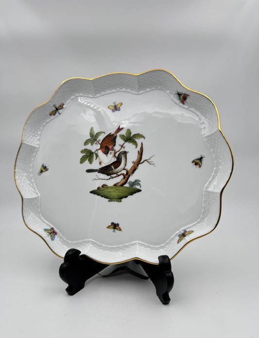 Herend Rothschild Bird Scalloped Porcelain Tray - Hand-Painted, Gold Rim