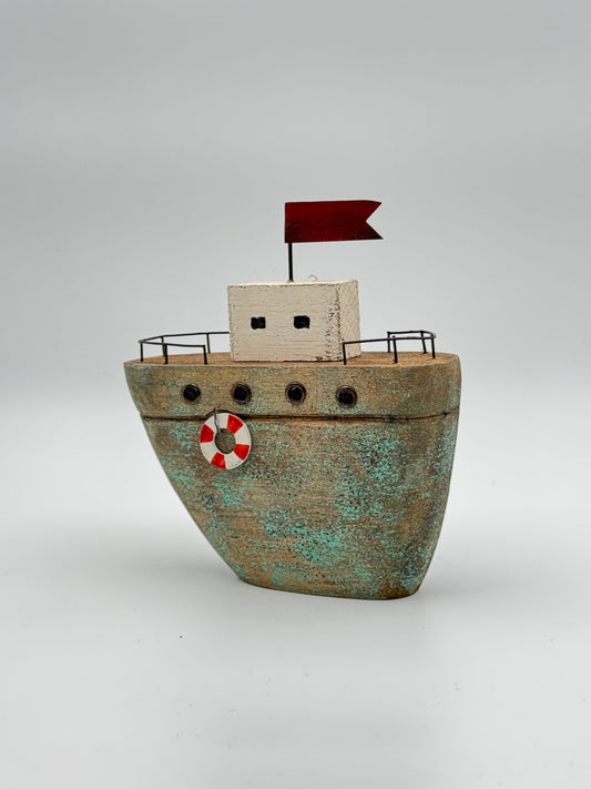 Charming Wooden Tugboat Decor – Handcrafted Seaside Accent with Distressed Finish