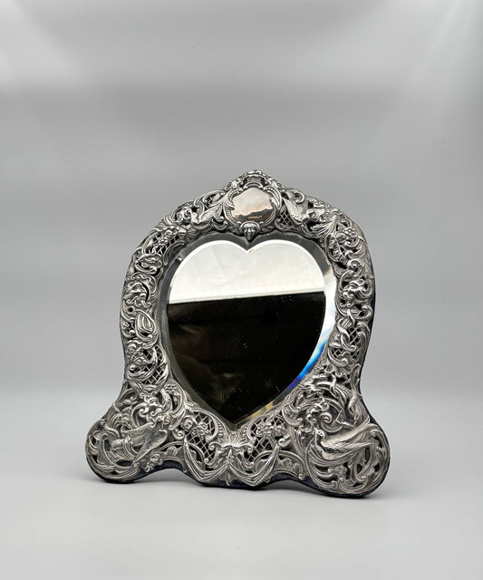 Antique English Sterling Silver Heart Mirror - Wm. Comyns Cherubs London 1895