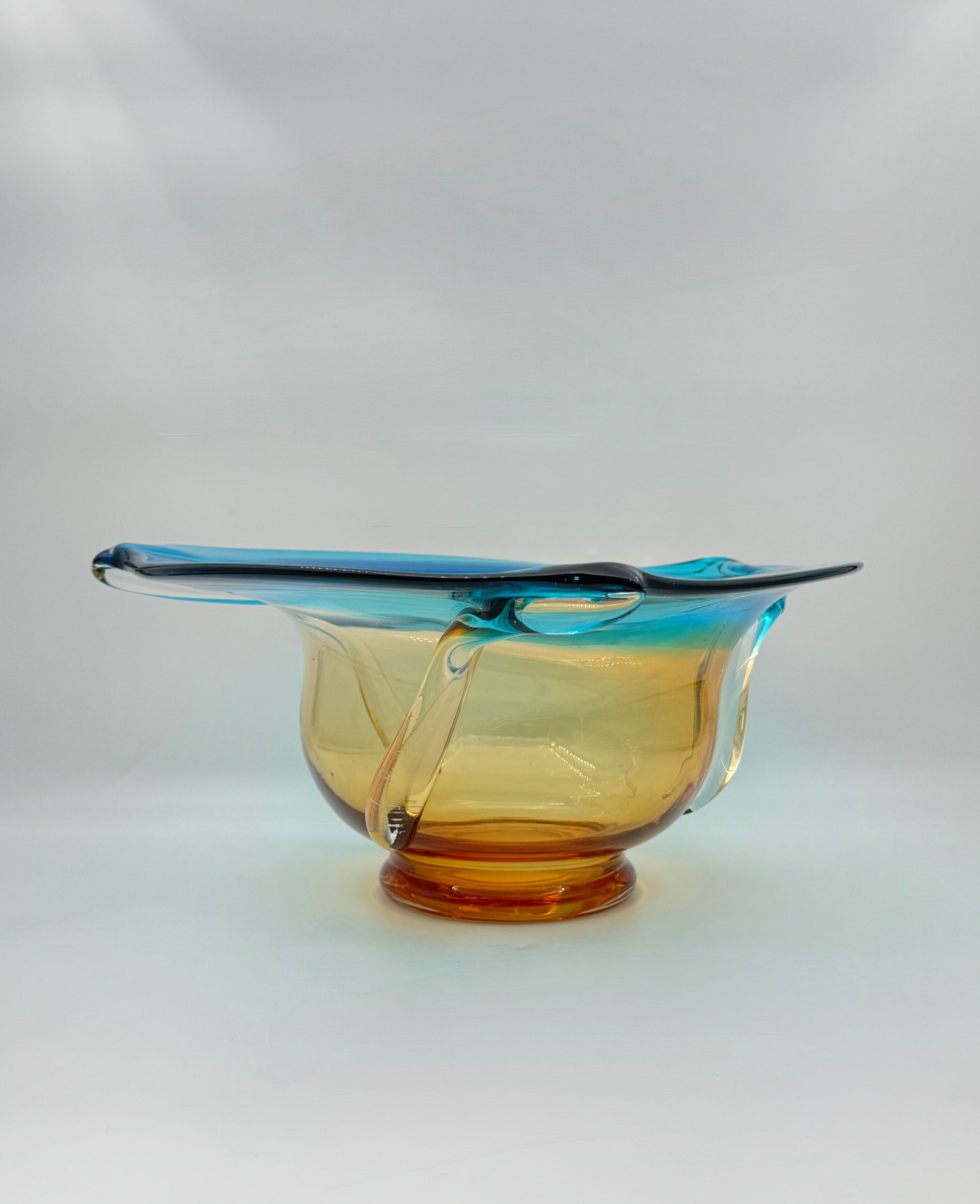 Art Glass Centerpiece Bowl with Amber Base and Turquoise Rim Design
