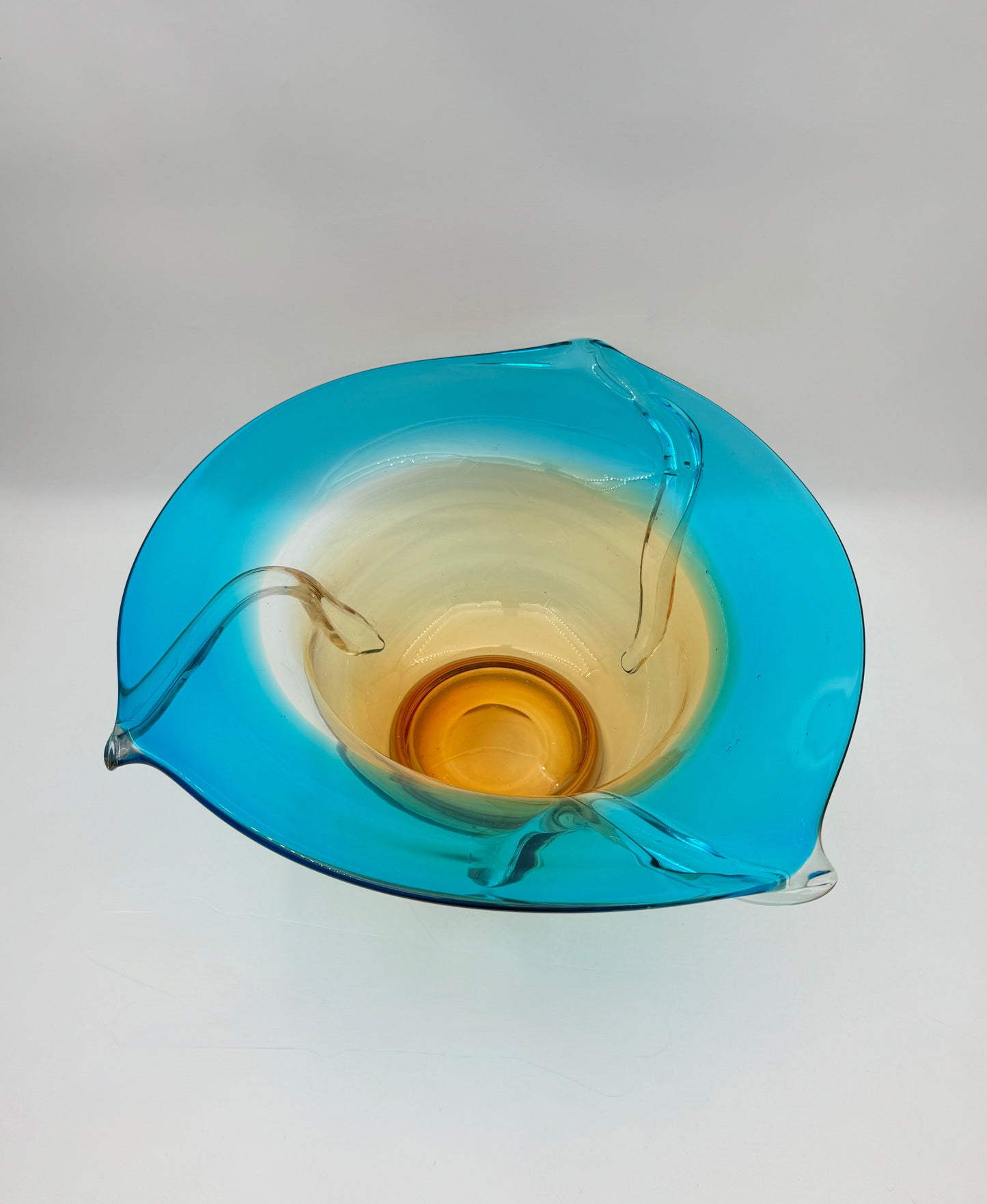 Art Glass Centerpiece Bowl with Amber Base and Turquoise Rim Design