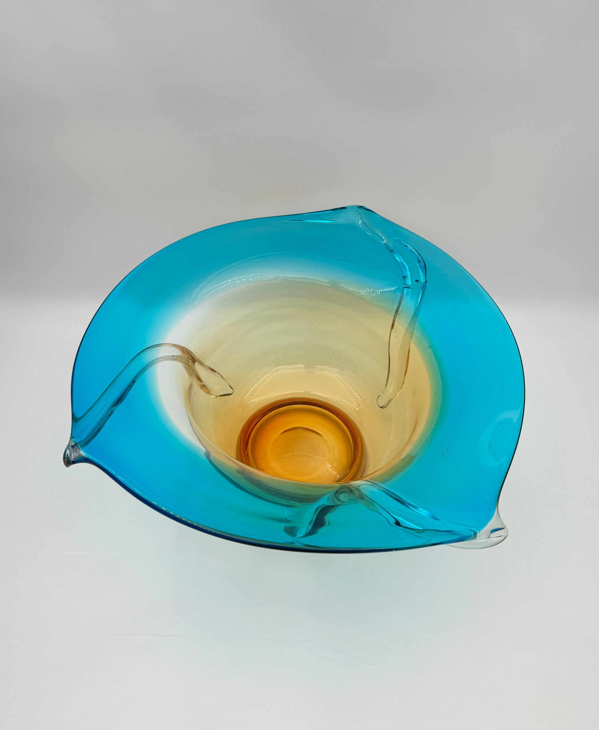 Art Glass Centerpiece Bowl with Amber Base and Turquoise Rim Design