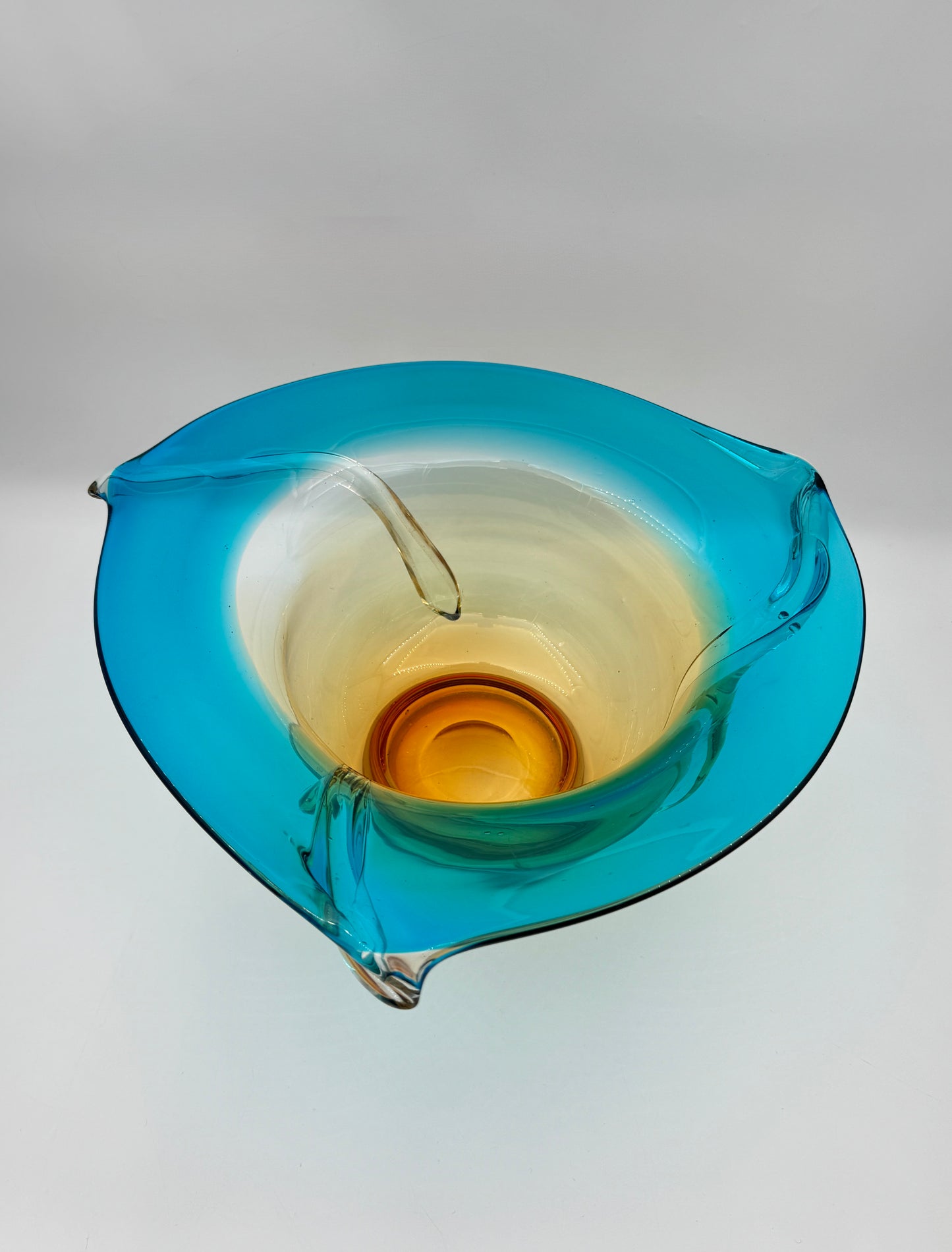 Art Glass Centerpiece Bowl with Amber Base and Turquoise Rim Design