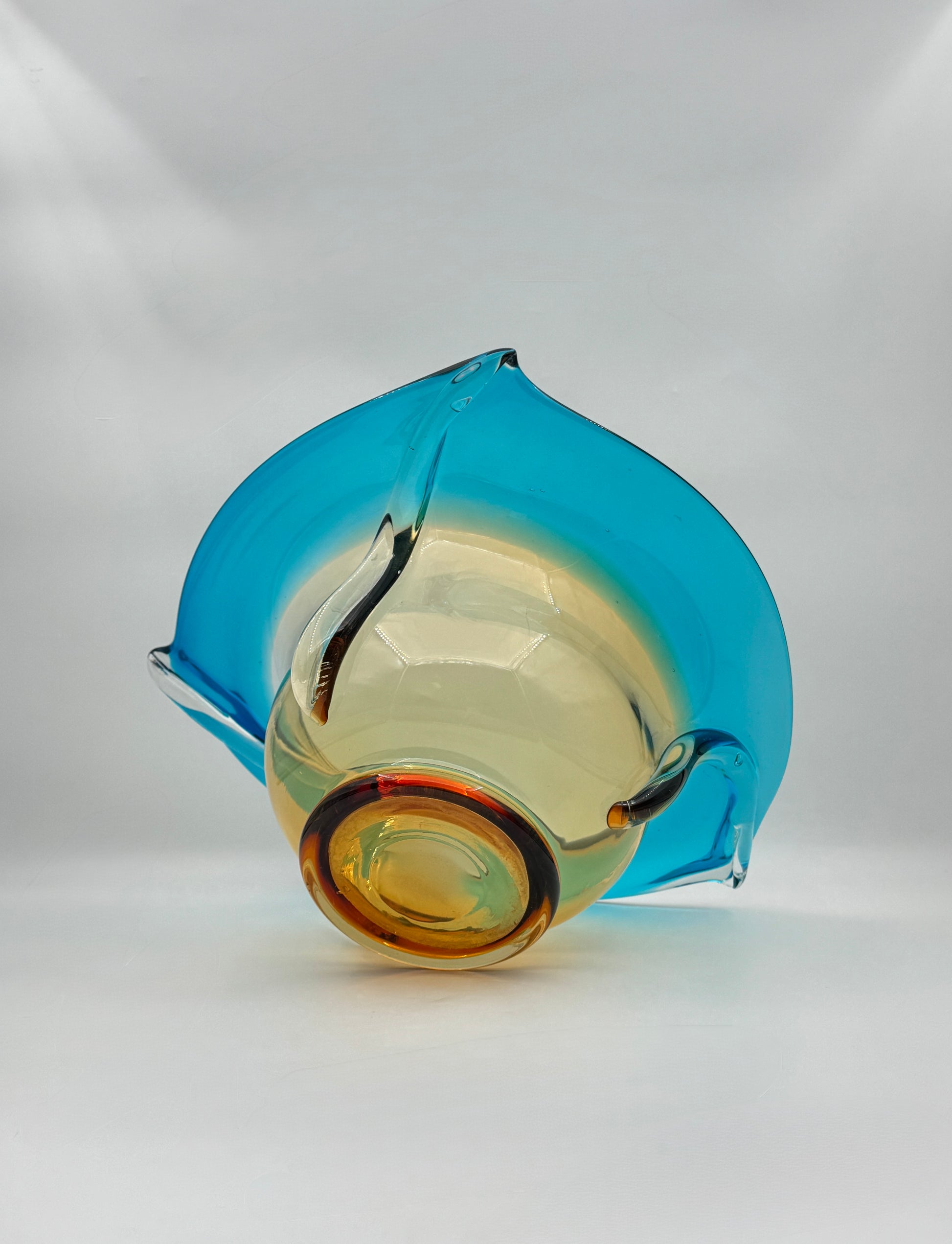 Art Glass Centerpiece Bowl with Amber Base and Turquoise Rim Design