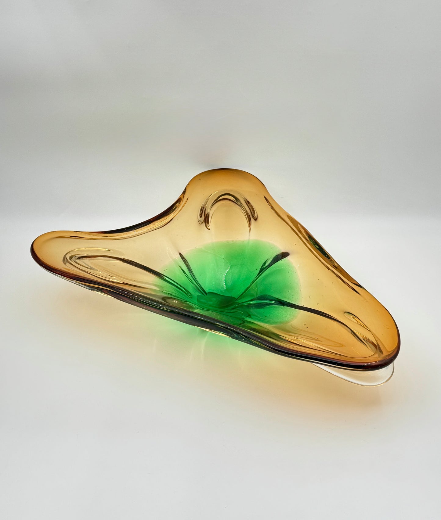 Handblown Triangular Art Glass Bowl Amber and Green Sculpted Form