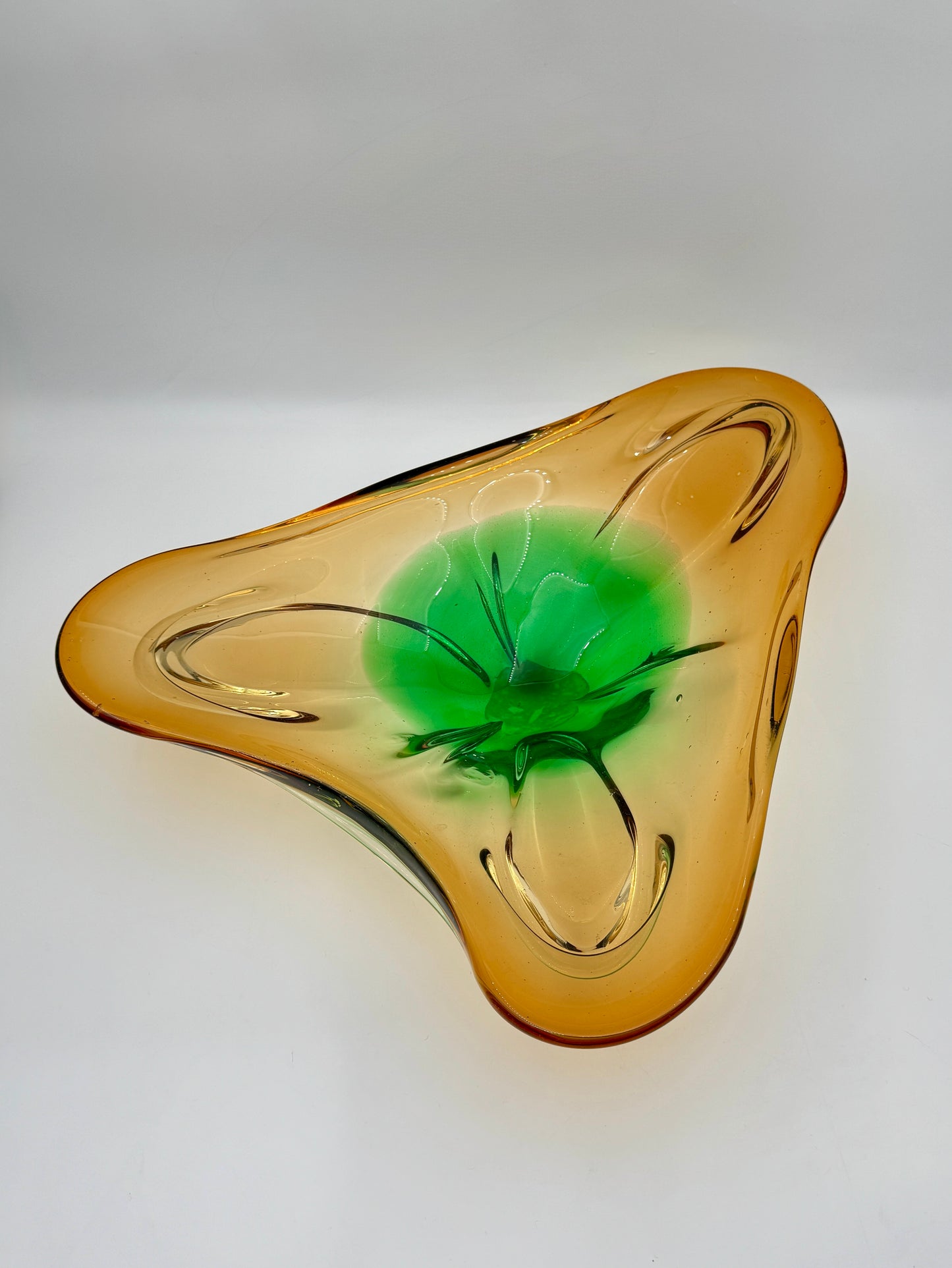 Handblown Triangular Art Glass Bowl Amber and Green Sculpted Form