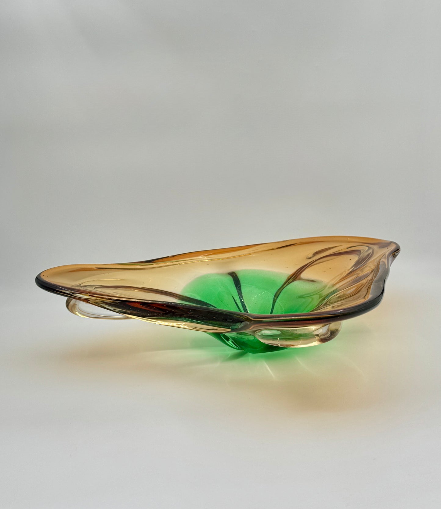 Handblown Triangular Art Glass Bowl Amber and Green Sculpted Form