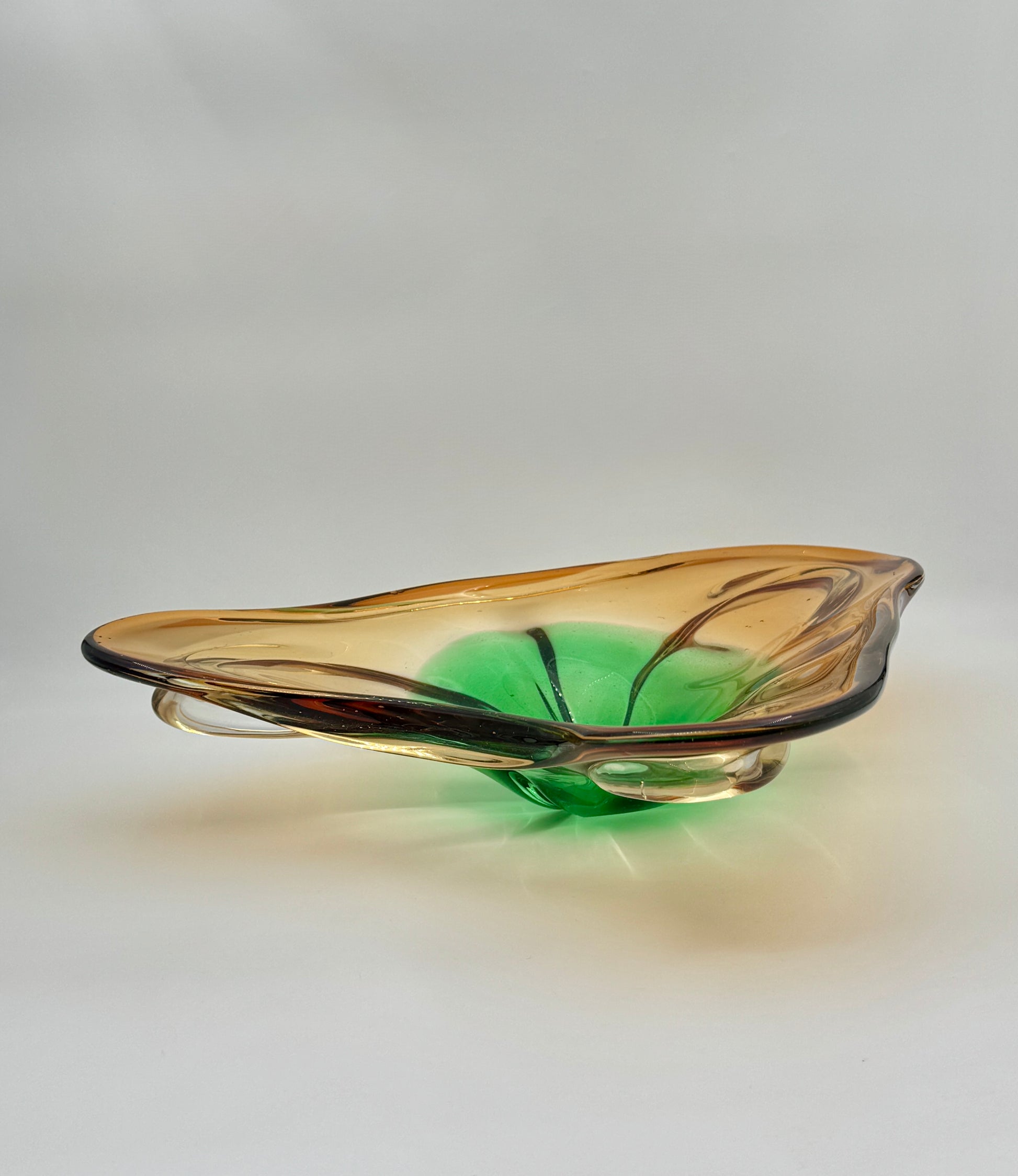 Handblown Triangular Art Glass Bowl Amber and Green Sculpted Form