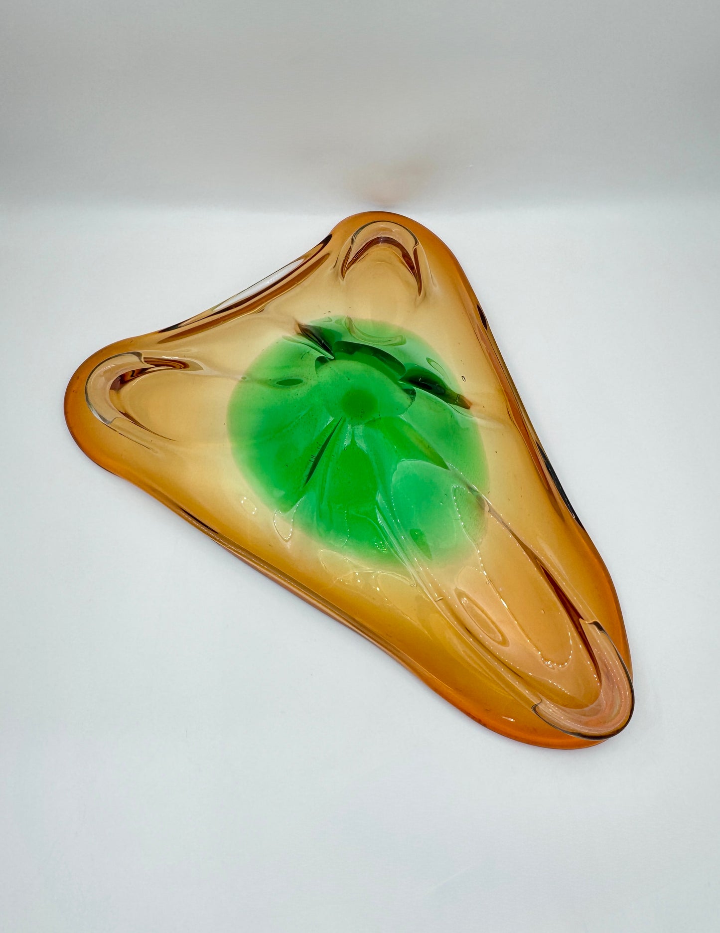 Handblown Triangular Art Glass Bowl Amber and Green Sculpted Form