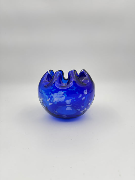 Authentic Vintage Cobalt Blue Cut to Clear Bohemian Czech Art Glass Rose Bowl Vase & Candle Holder