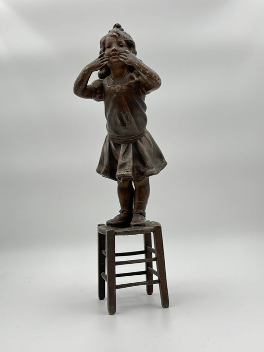 Vintage Patinated Metal Sculpture of a Girl Standing on a Chair