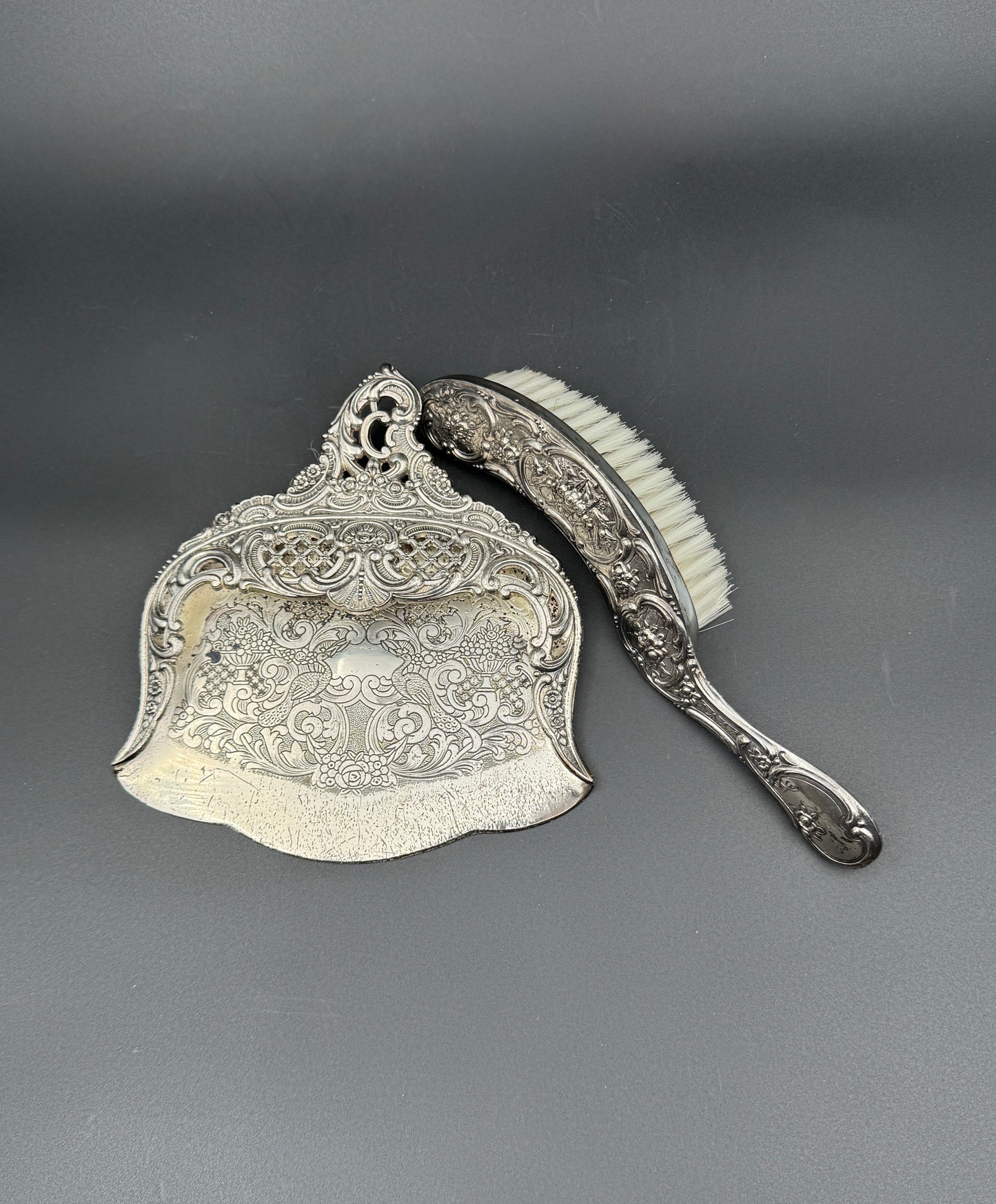 Silver-Plate Crumb Catcher and Brush Set with Ornate Repousse Design