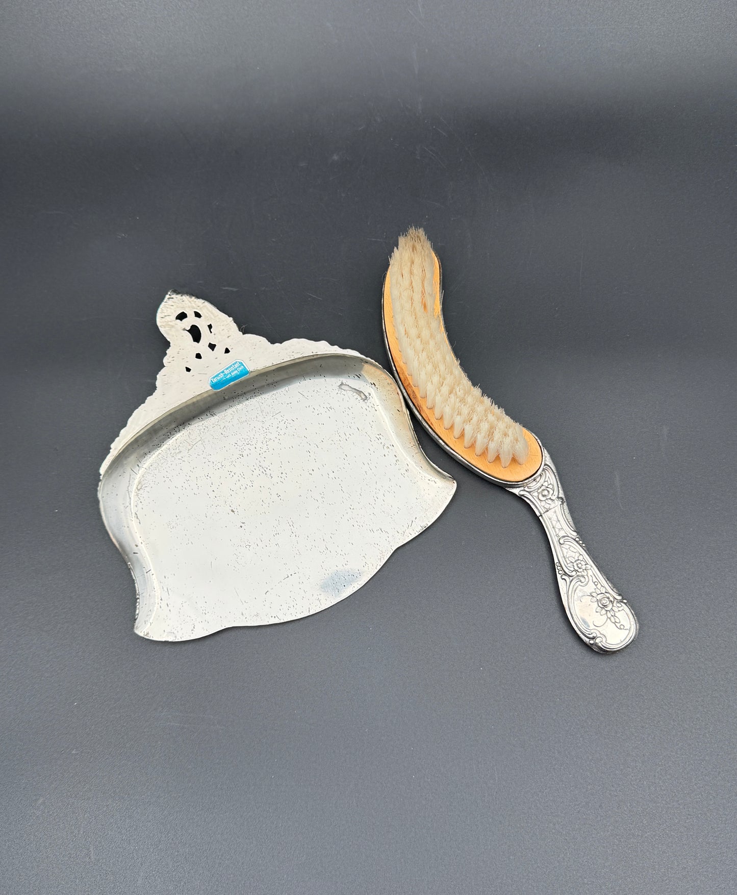 Silver-Plate Crumb Catcher and Brush Set with Ornate Repousse Design