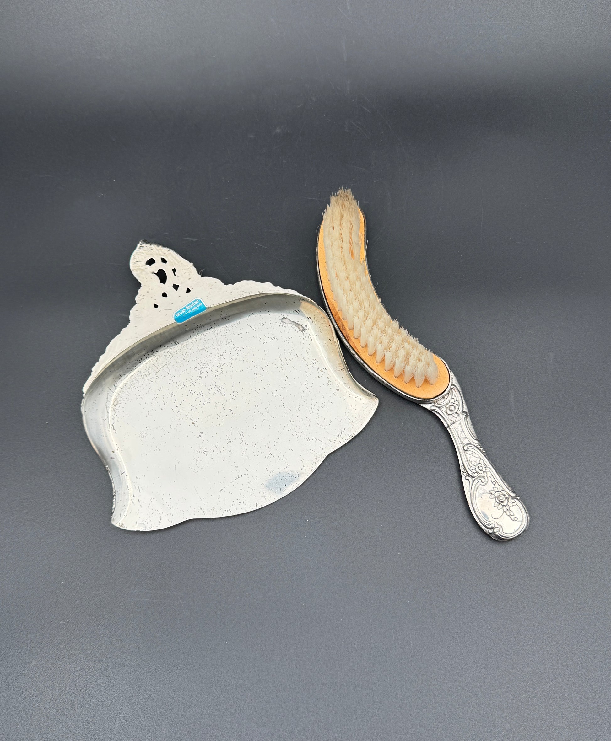 Silver-Plate Crumb Catcher and Brush Set with Ornate Repousse Design