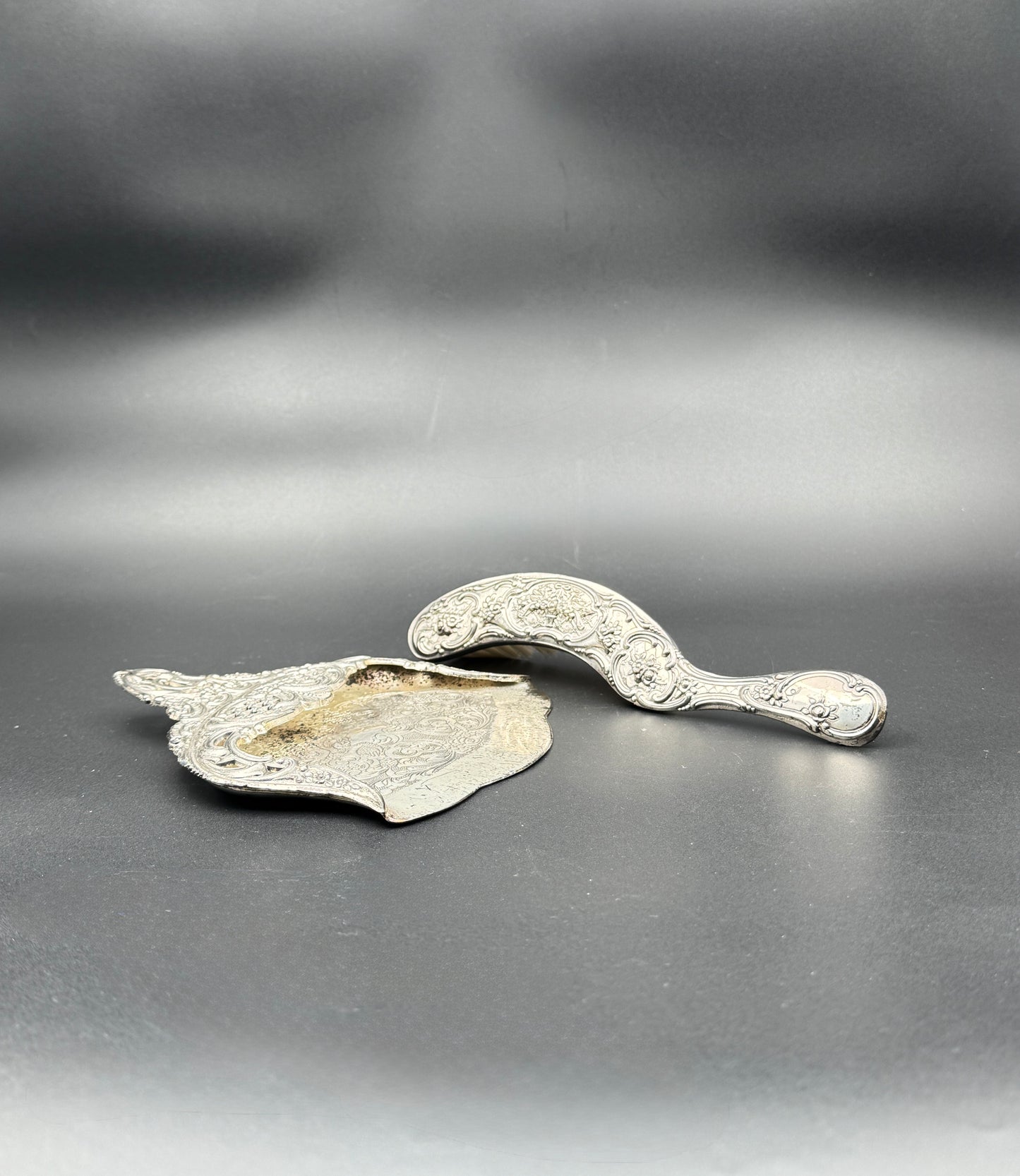 Silver-Plate Crumb Catcher and Brush Set with Ornate Repousse Design
